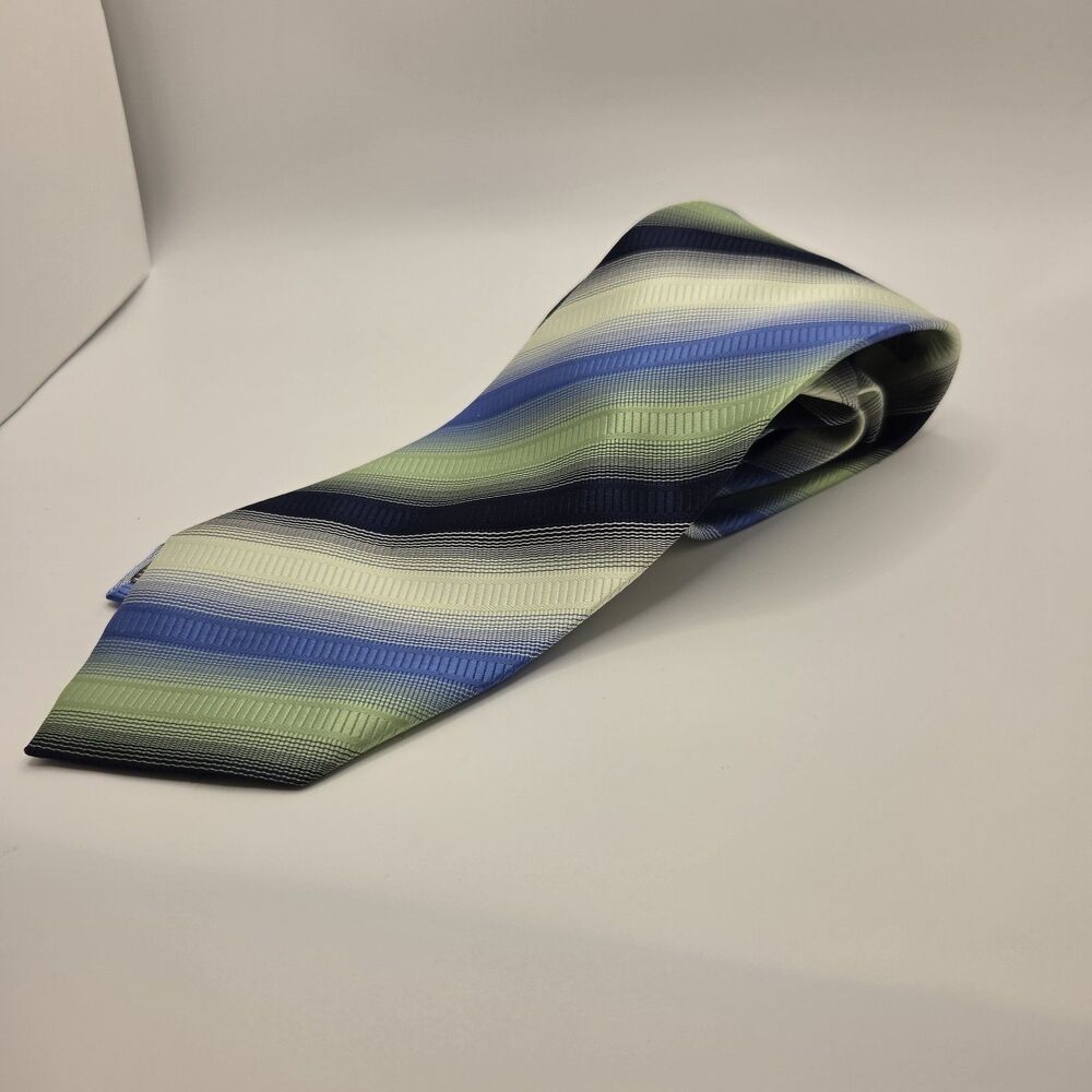 Bergamo New York Mens Necktie Striped Blue Green Silver Woven Polyester